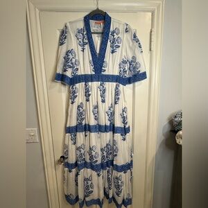 Oliphant White Maxi Dress with Blue Floral Print